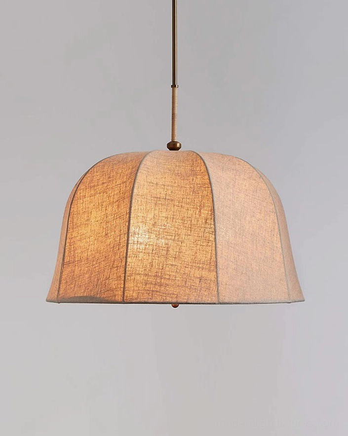 Warm tan woven linen dome pendant light with scalloped edge, front-facing isolated studio shot, rustic wabi-sabi style