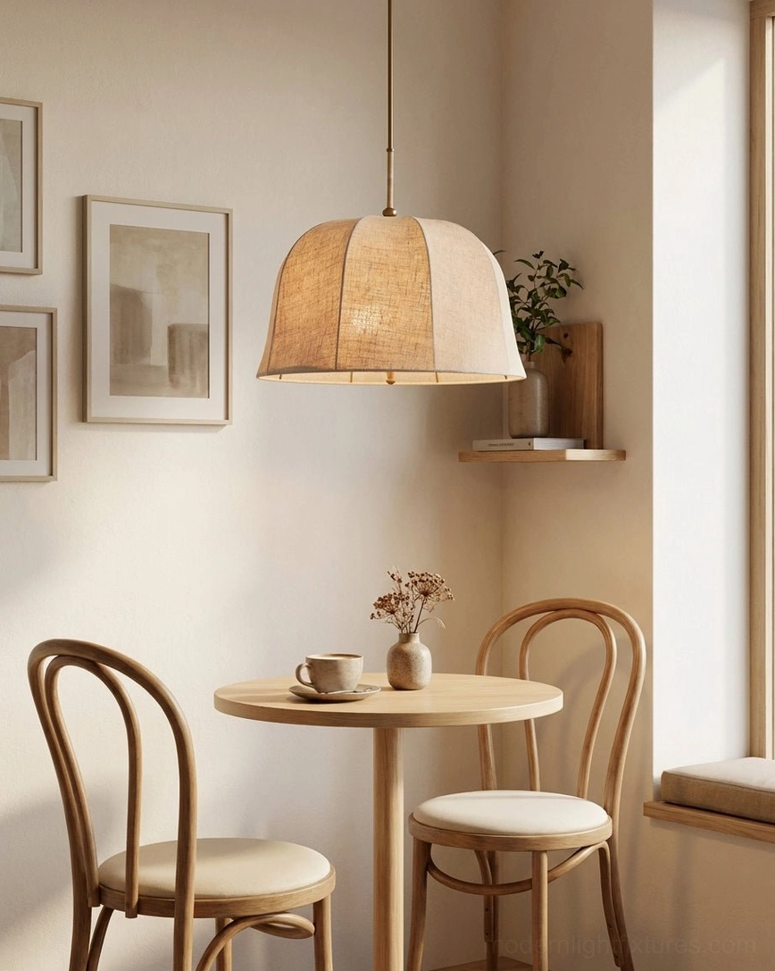 Warm beige linen pendant light installed above small two-seater dining nook with natural wood table, japandi style interior