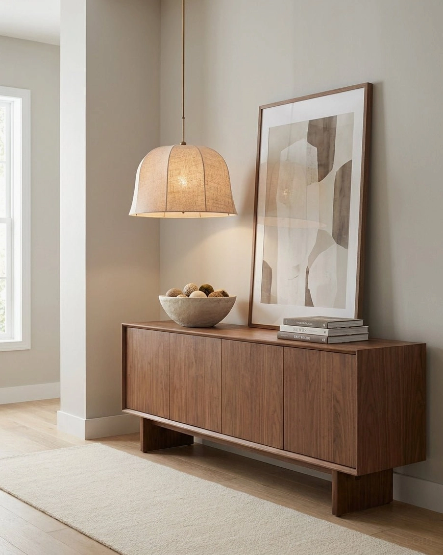 Natural linen dome pendant illuminating entryway with walnut wood sideboard, minimalist neutral decor, japandi aesthetic