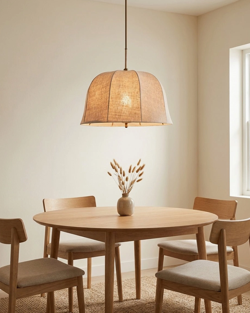 Natural woven linen dome pendant over formal dining room round table with wooden chairs, japandi rustic warm style
