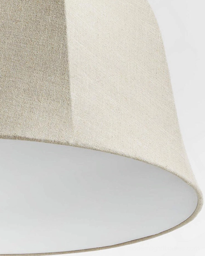 Linen dome pendant light fixture showing metal rod suspension and canopy construction, architectural detail view