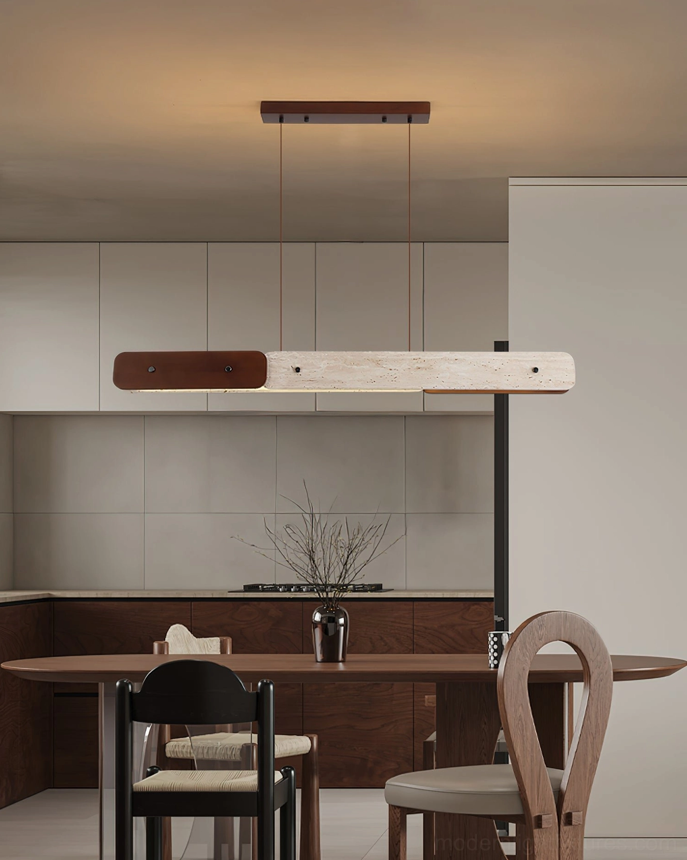 Linero modern linear pendant light installed above dining table with warm white 3000K LED illumination