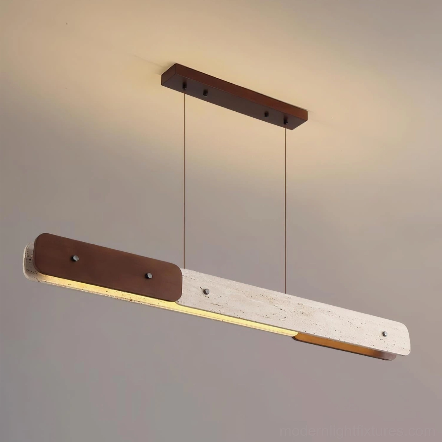Linero modern linear chandelier front view - natural travertine stone texture with warm white illumination