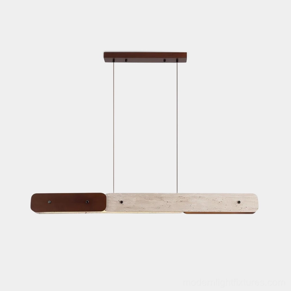 Linero linear chandelier front view - minimalist travertine stone pendant light with walnut and beige color options