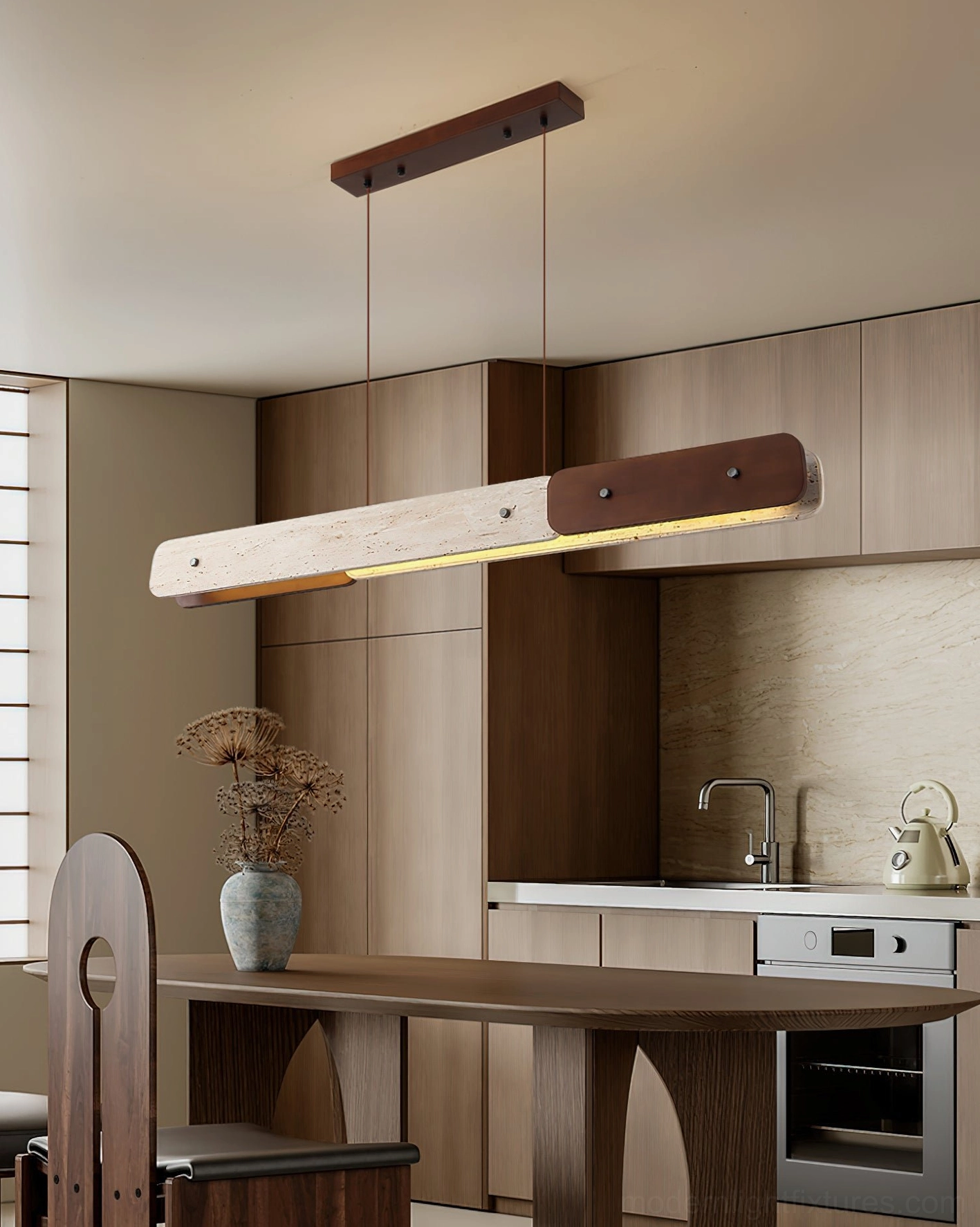 Linero linear chandelier in Japanese minimalist kitchen - travertine stone pendant with natural wood accents
