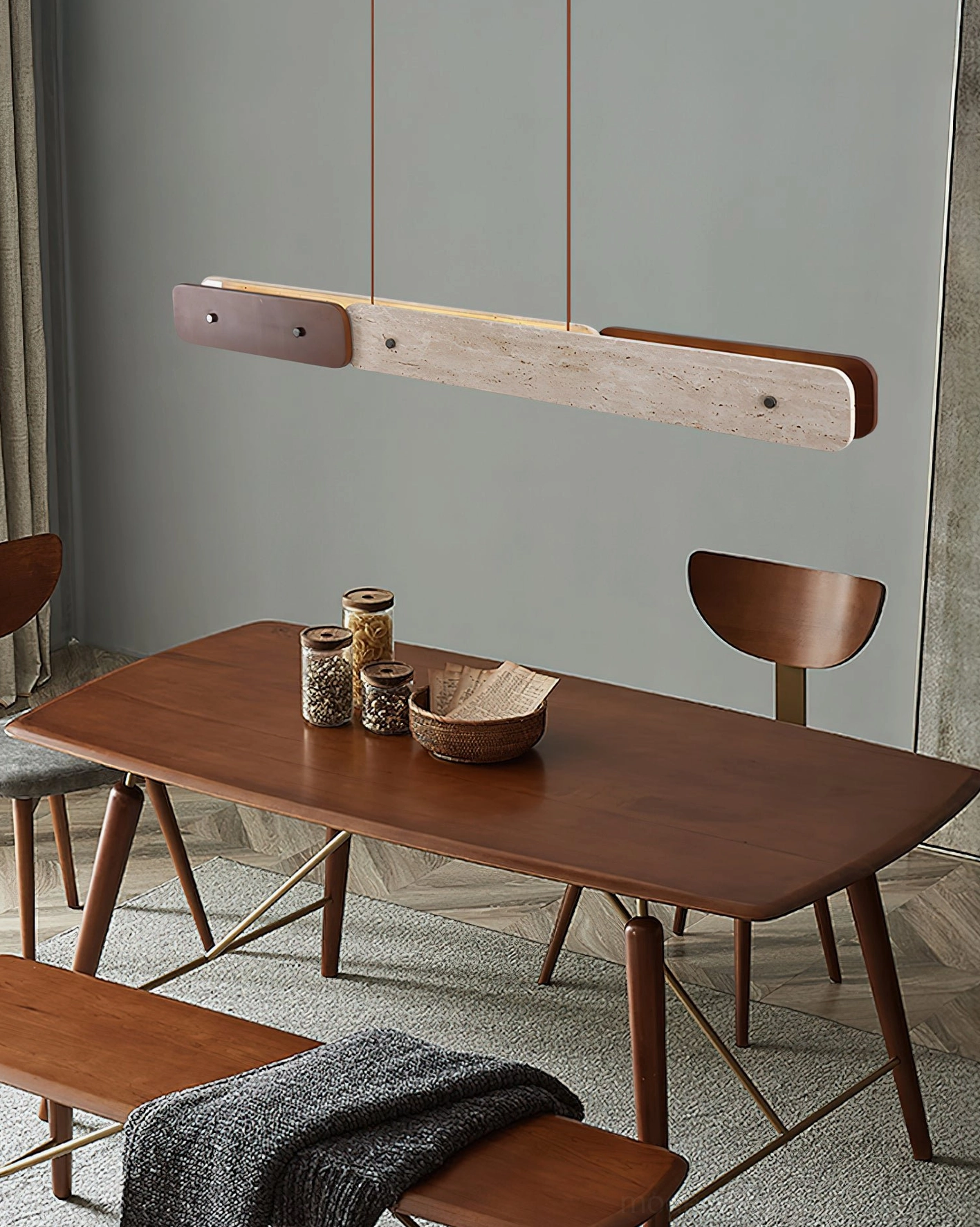 Linero modern linear chandelier in neutral contemporary dining room - minimalist pendant lighting fixture