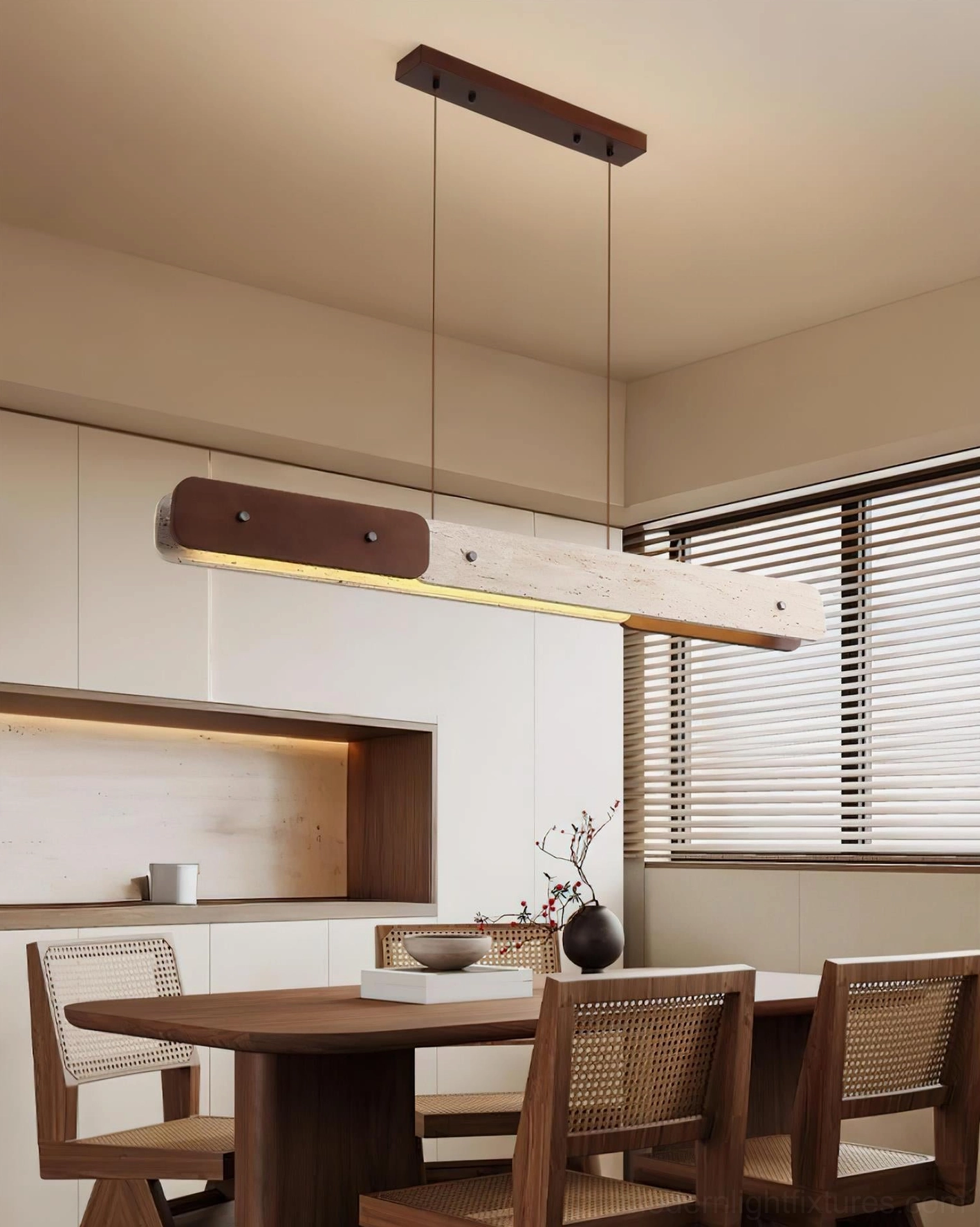 Linero modern chandelier side view - clean geometric design with natural travertine material texture