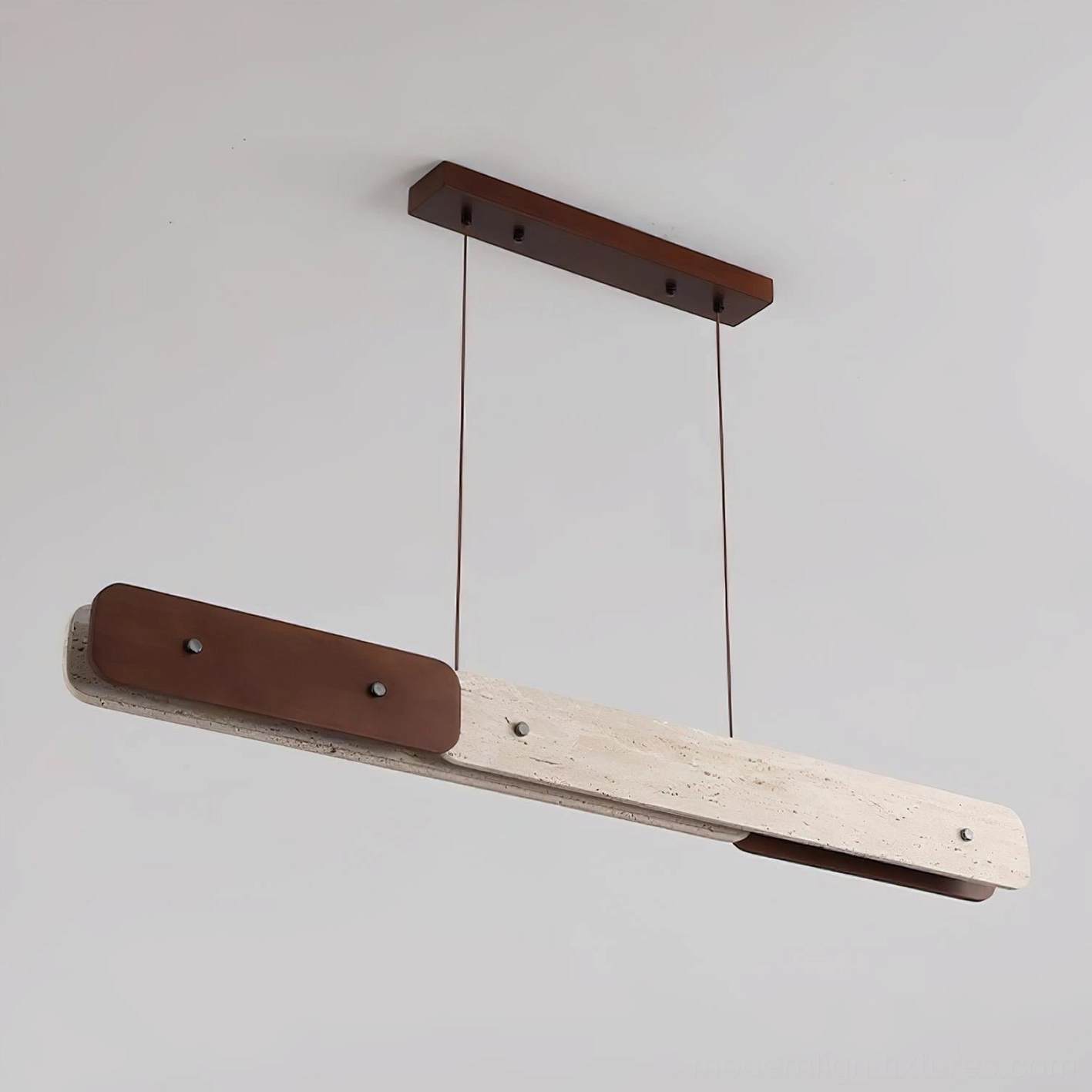 Linero linear pendant light front studio view - integrated LED design with wood and metal construction