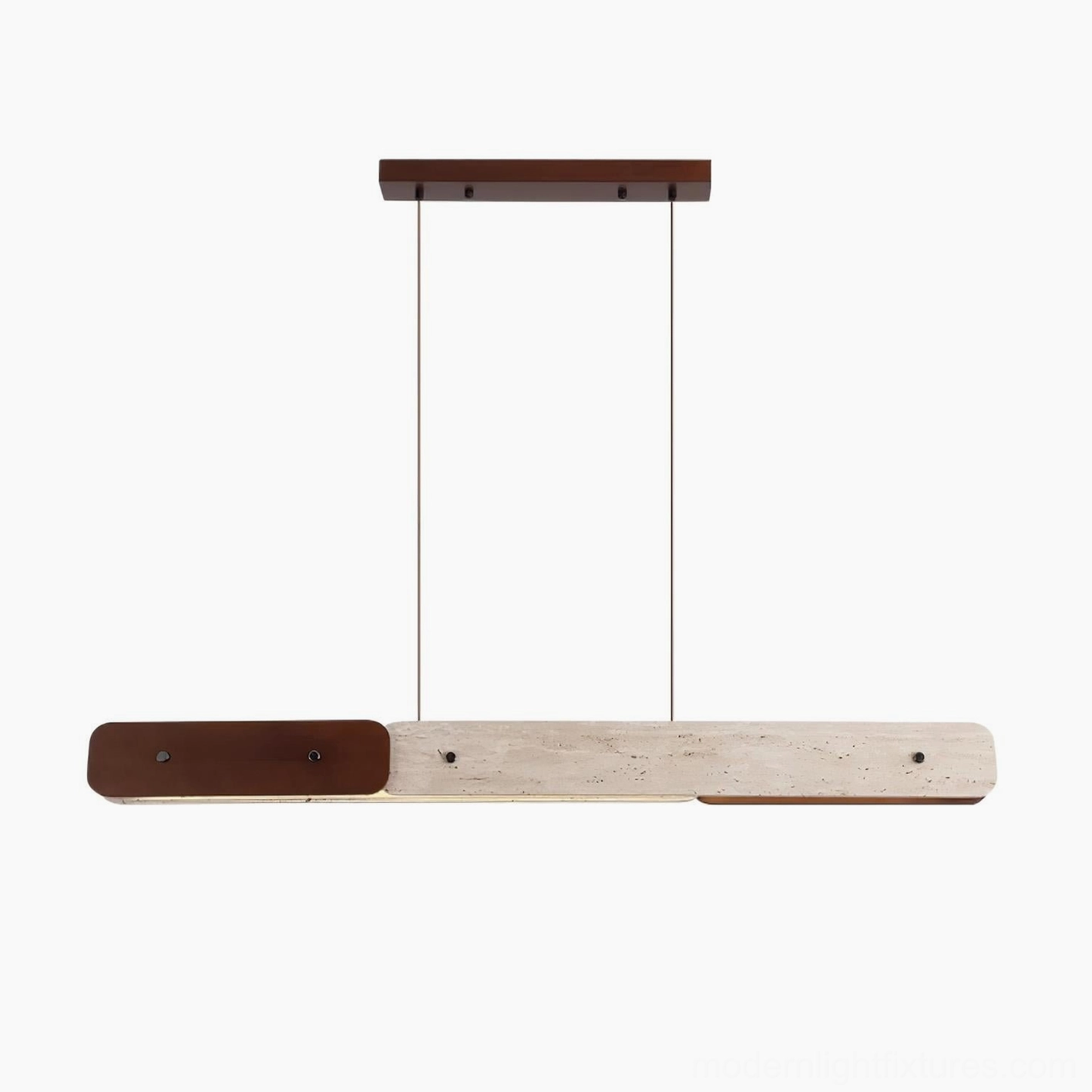 Linero linear pendant light with warm gray background - sculptural travertine stone chandelier showcase