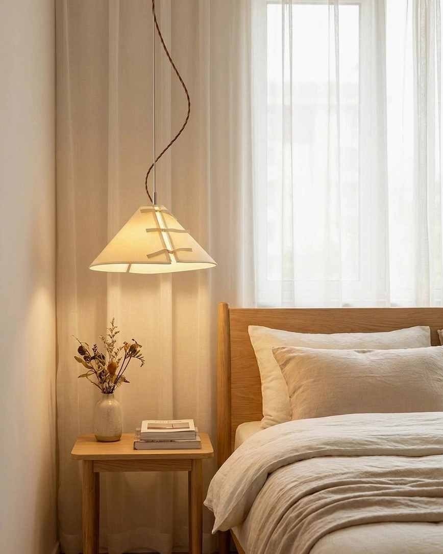 Linette Bow pendant light in bedroom over wooden bed frame, soft ambient lighting in master bedroom