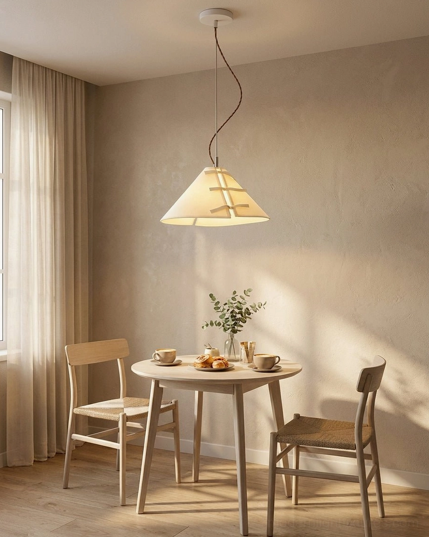 Linette Bow pendant light over intimate two-person dining setting with natural warm ambiance