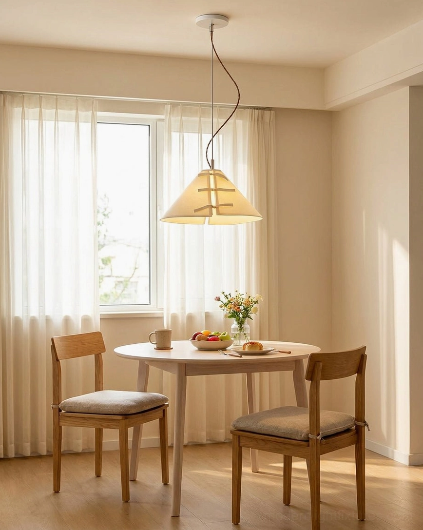 Linette Bow pendant light hanging above compact two-seater dining table in modern farmhouse interior