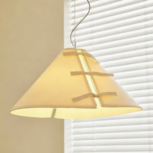 Linette Bow pendant light close-up showing fabric bow detail and cone shade texture, warm white LED glow