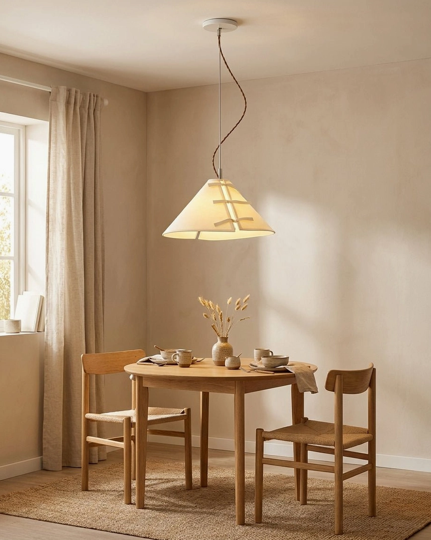 Linette Bow pendant light above four-seater formal dining table in Japandi minimalist interior design
