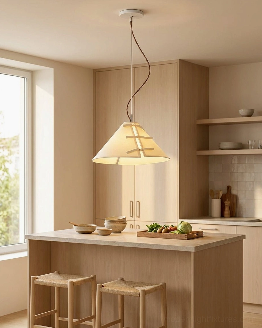 Linette Bow pendant light above kitchen island counter with wooden cabinetry, warm task lighting