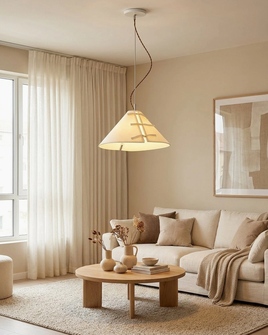 Linette Bow pendant light in living room above fabric sofa with wooden coffee table, warm neutral decor
