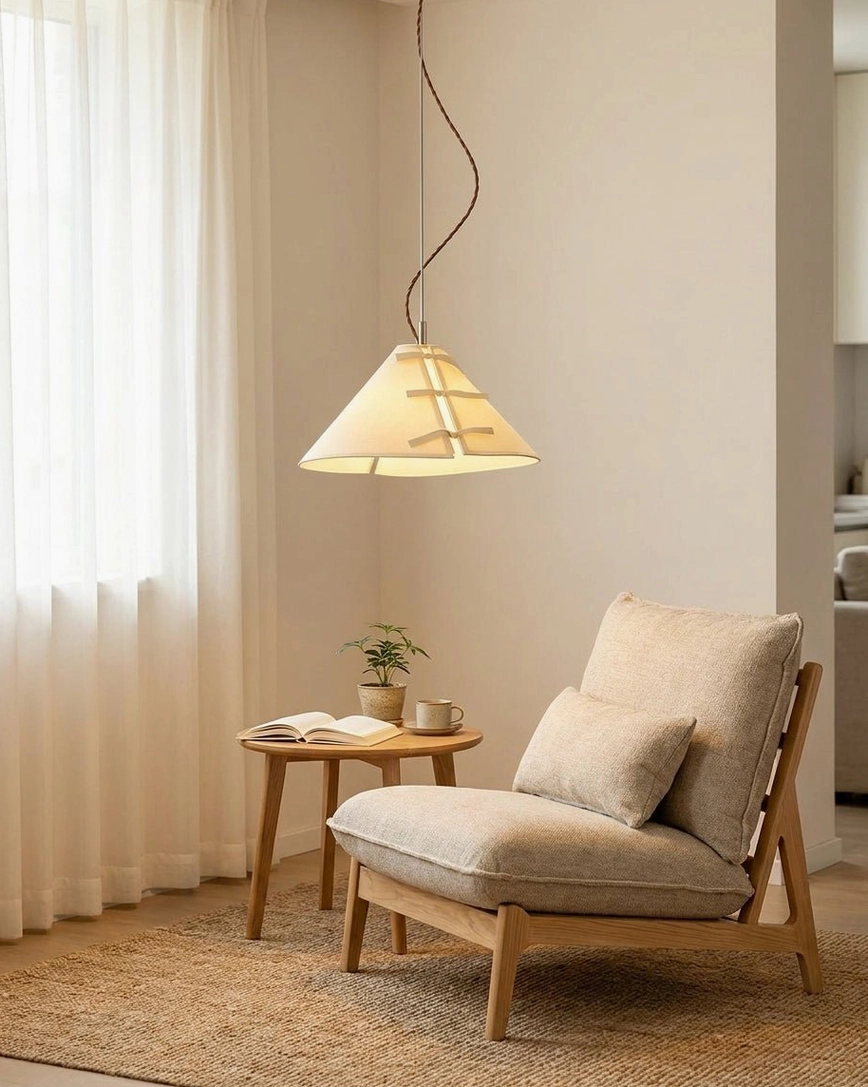 Linette Bow pendant light in reading nook with wooden lounge chair and side table, cottage aesthetic
