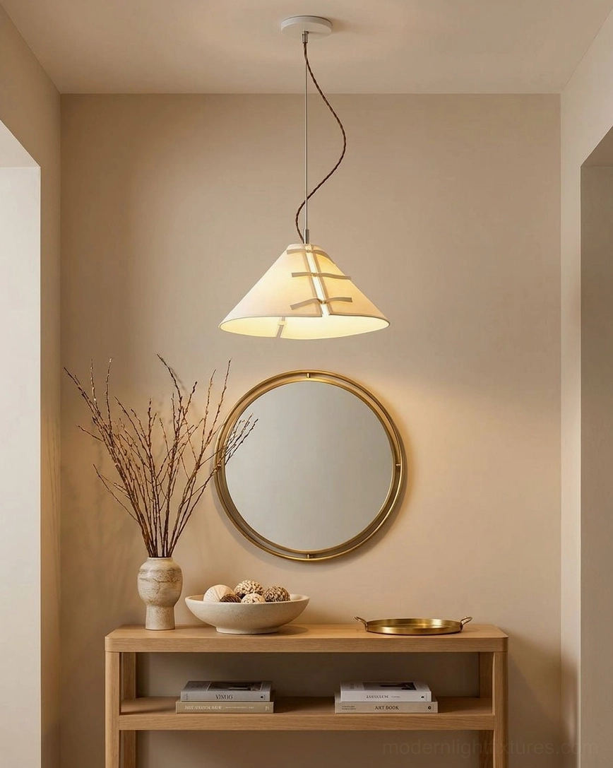 Linette Bow cotton-linen pendant shade detail showing hand-stitched fabric bow and cone shape construction