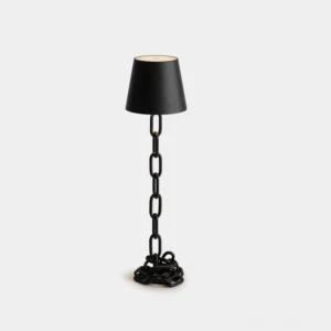 Linke industrial chain table lamp with matte black metal finish and textured shade, front studio view