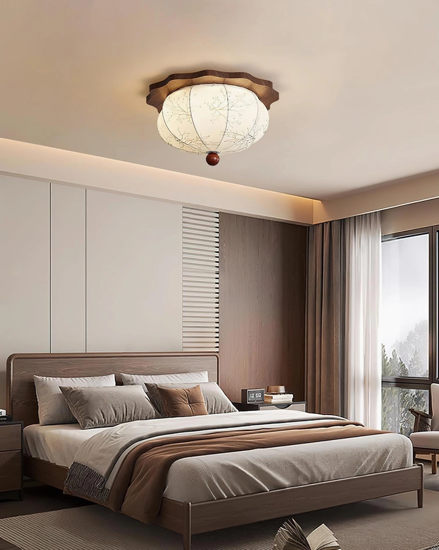 Linora modern ceiling lamp installed in bedroom with warm wood tones and neutral decor, interior lighting application