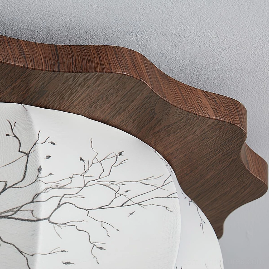 Linora branch pattern ceiling lamp side close-up showing walnut trim and fabric shade artistry