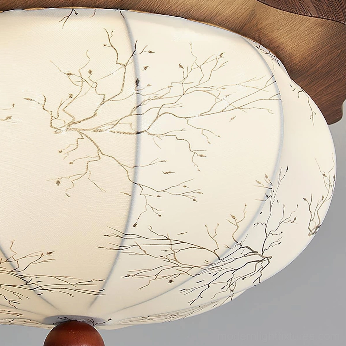 Linora flush-mount ceiling light close-up of white fabric shade with detailed hand-drawn branch embroidery pattern