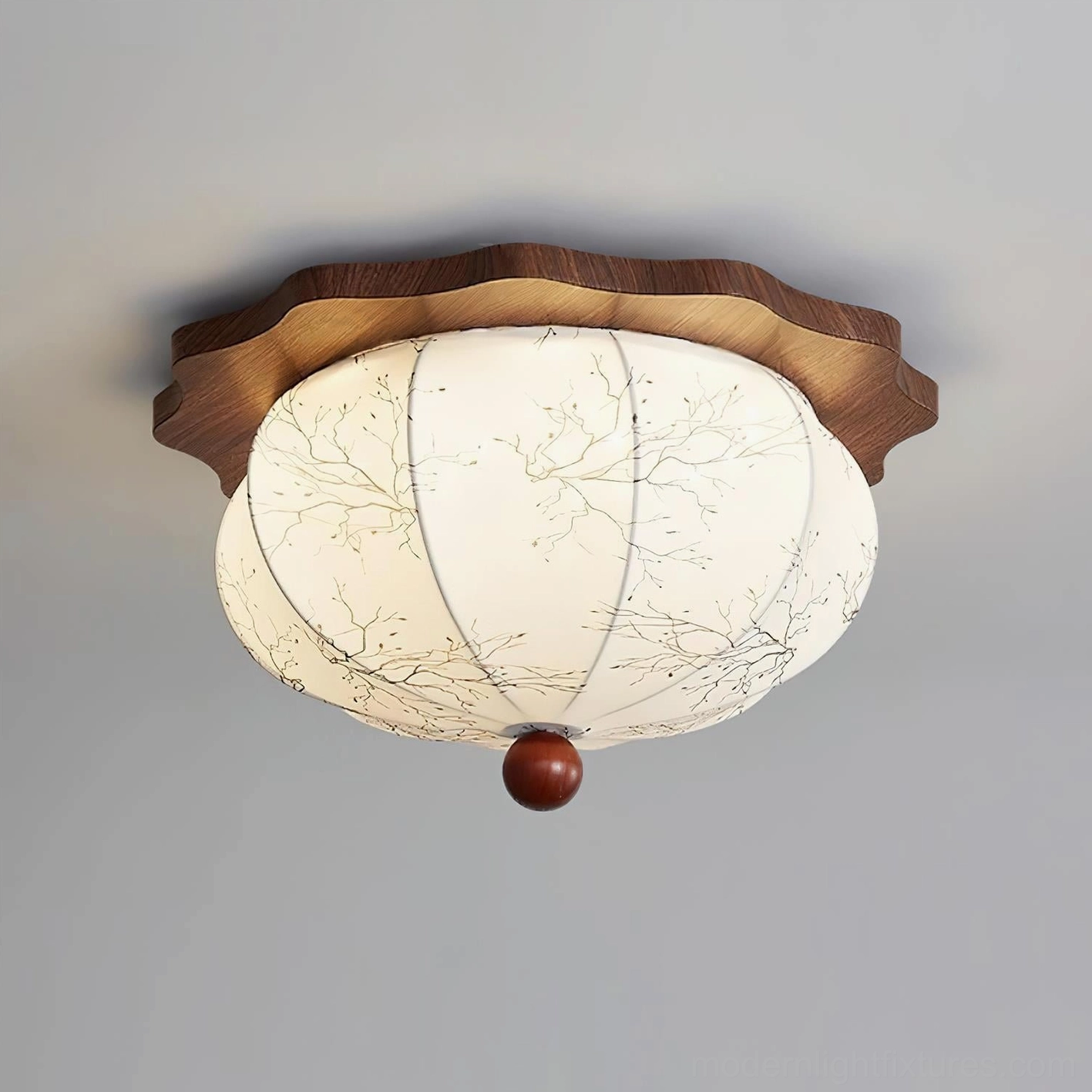 Linora ceiling lamp detail showcasing scalloped walnut canopy base and wooden finial craftsmanship