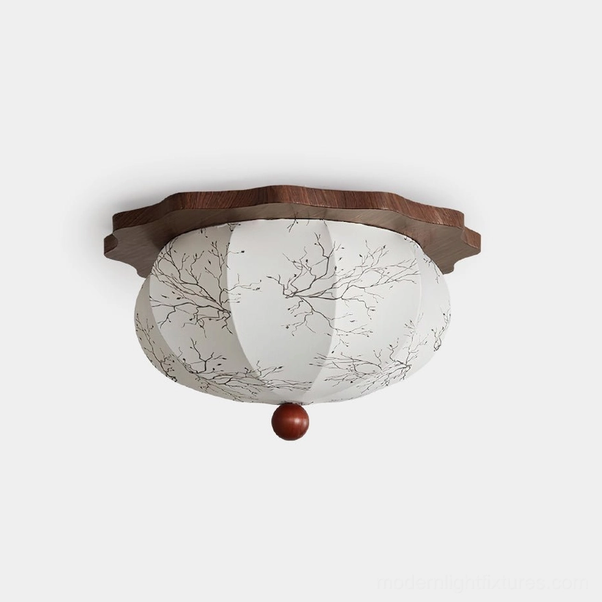 Linora Scandinavian ceiling light fixture with walnut scalloped base and white fabric shade featuring hand-drawn branch motif, studio product view
