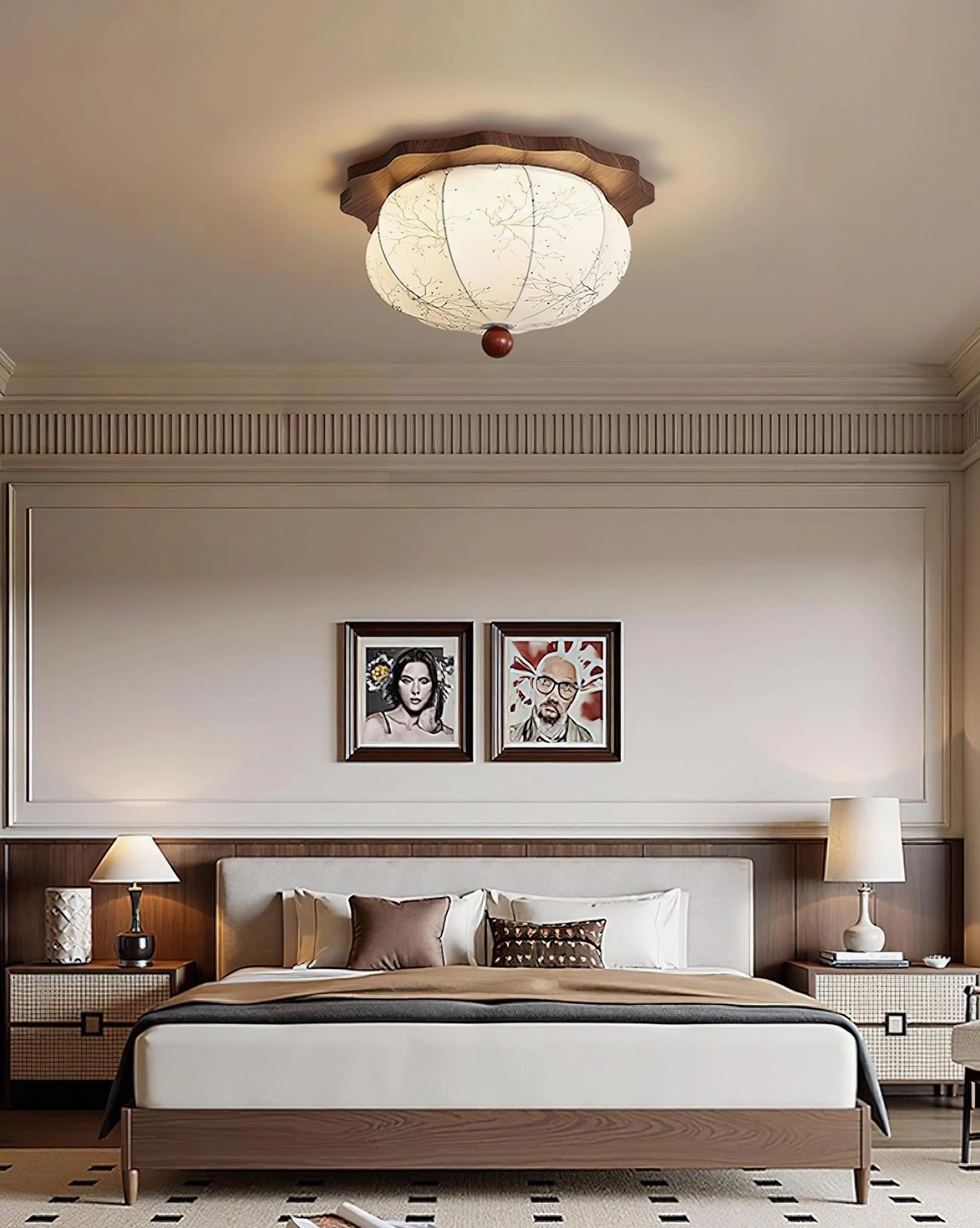 Linora Nordic flush-mount ceiling fixture in classic bedroom setting with wooden furniture, ambient lighting demonstration
