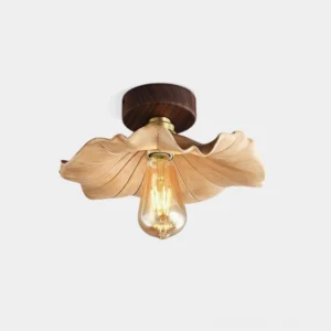 Liora lotus petal ceiling light fixture front view with warm ceramic shade and gold accents on white background