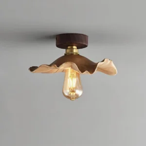 Liora semi-flush ceiling lamp side angle showing brass hardware and walnut wood canopy detail