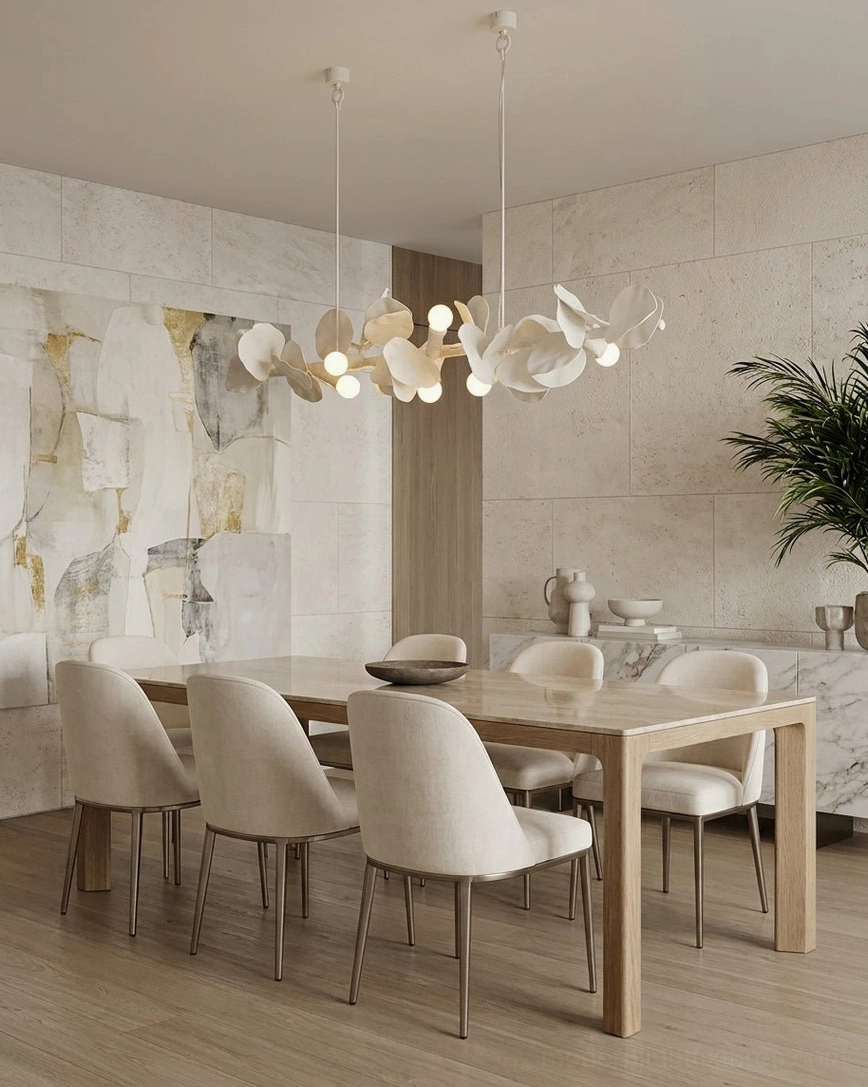 Hand-carved gypsum-resin leaf linear chandelier - artisanal ivory-white finish with architectural suspended form