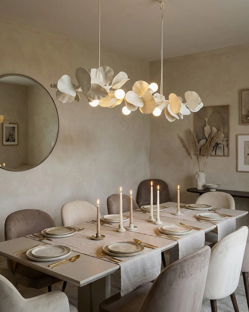 Modern organic linear chandelier - sculptural leaf-shaped pendant light with contemporary minimalist design