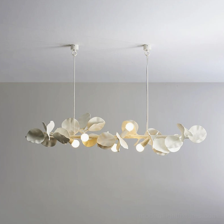 Linear leaf chandelier detail - sculptural hand-carved gypsum-resin leaves with integrated E14 LED bulb fixtures