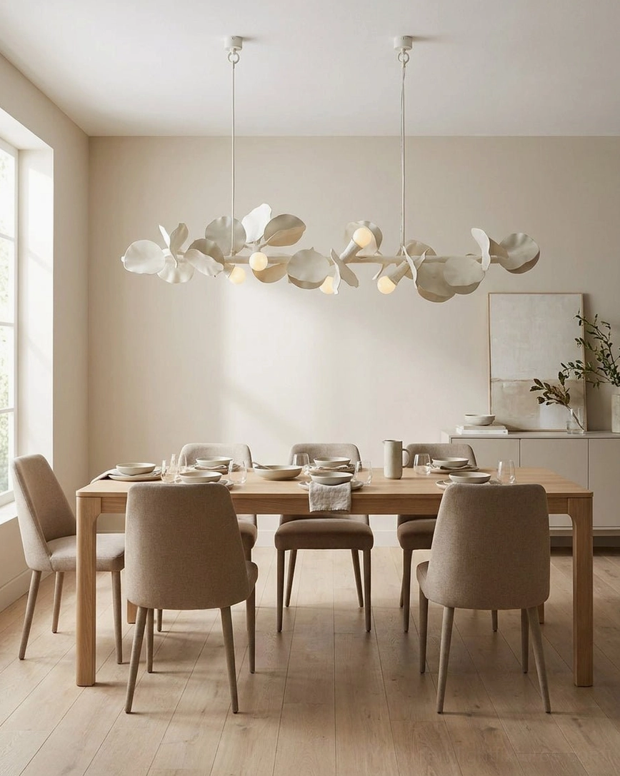 Hand-carved leaf linear chandelier in neutral dining room with minimalist wall art and formal dining setup