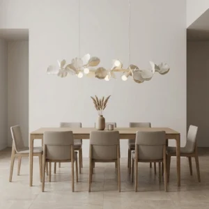 Modern linear dining room chandelier - organic leaf-shaped light fixture hanging above wooden dining table in contemporary minimalist interior