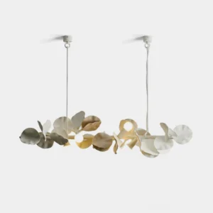 Liria Linear Chandelier - hand-carved ivory-white leaf gypsum-resin dining light with warm E14 bulbs suspended from adjustable drop rods