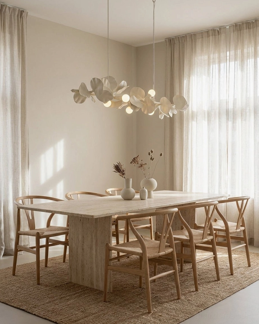 Hand-carved leaf linear chandelier illuminating bright dining space with natural light and warm glow from E14 bulbs