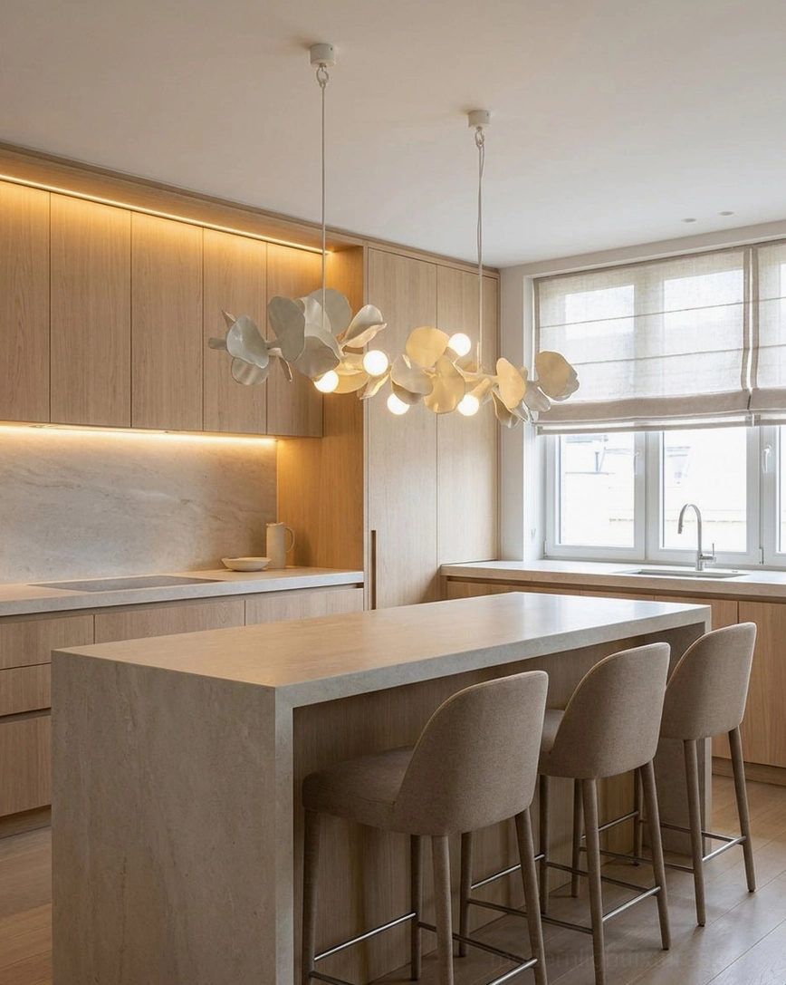 Sculptural linear light fixture suspended over kitchen island with wooden cabinetry and modern pendant detail