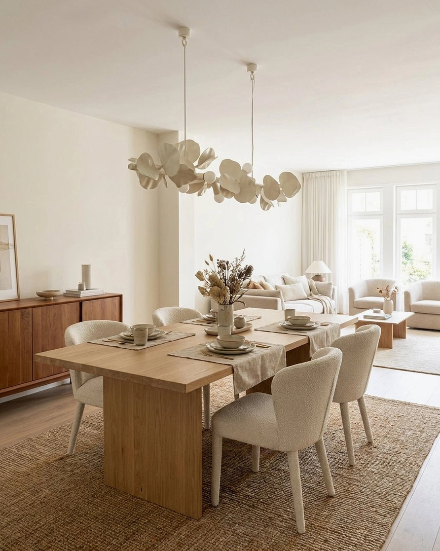 Modern linear branch chandelier in open-plan living and dining area with natural wood and warm ambient lighting