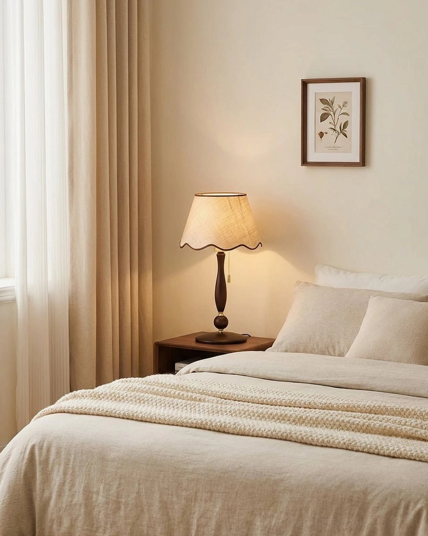 Bedside scalloped table lamp lit and glowing on nightstand with neutral linen bedding and bedroom wall art - front low angle view