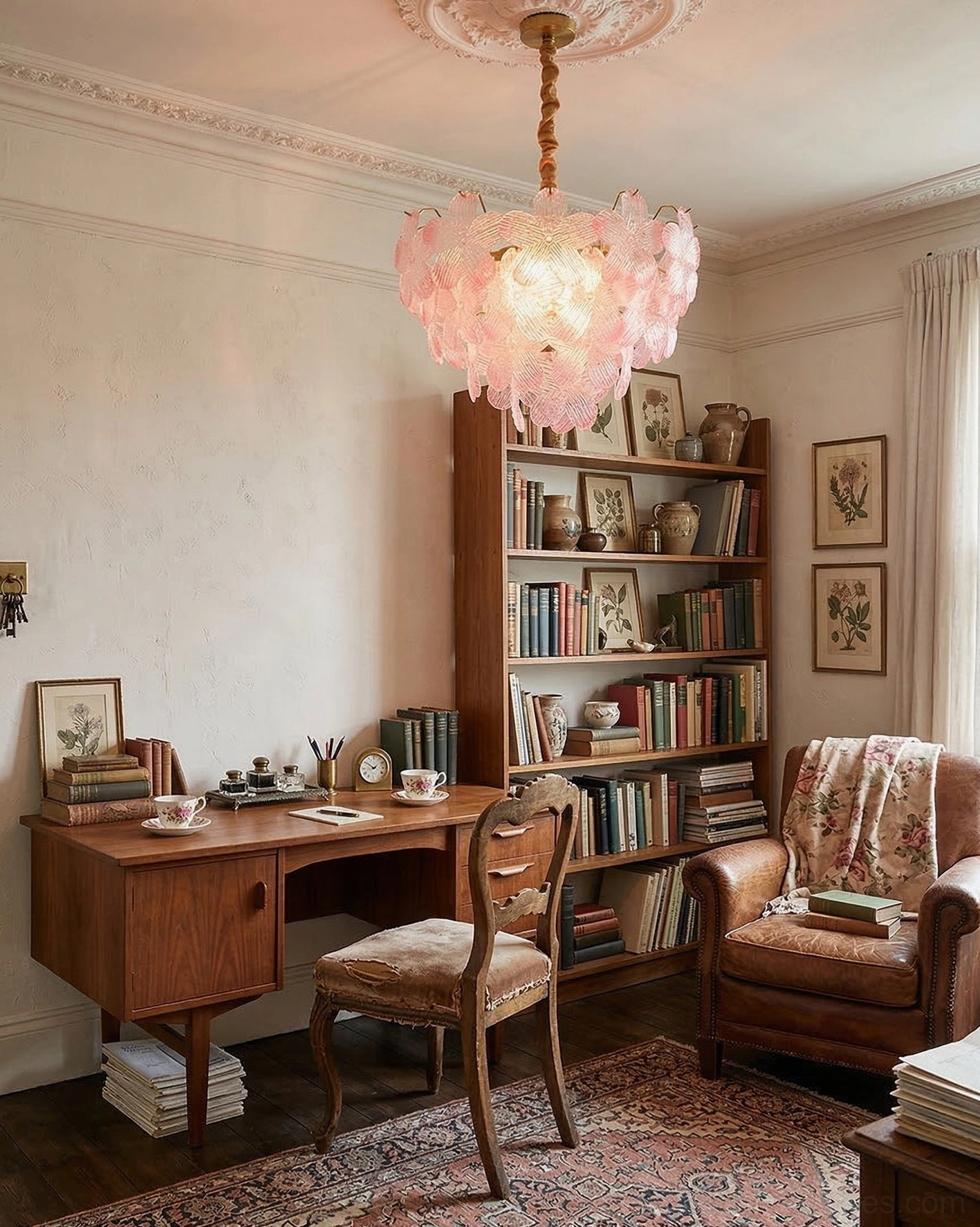 Lit pink floral glass chandelier in vintage home study with wood bookshelf and retro desk decor