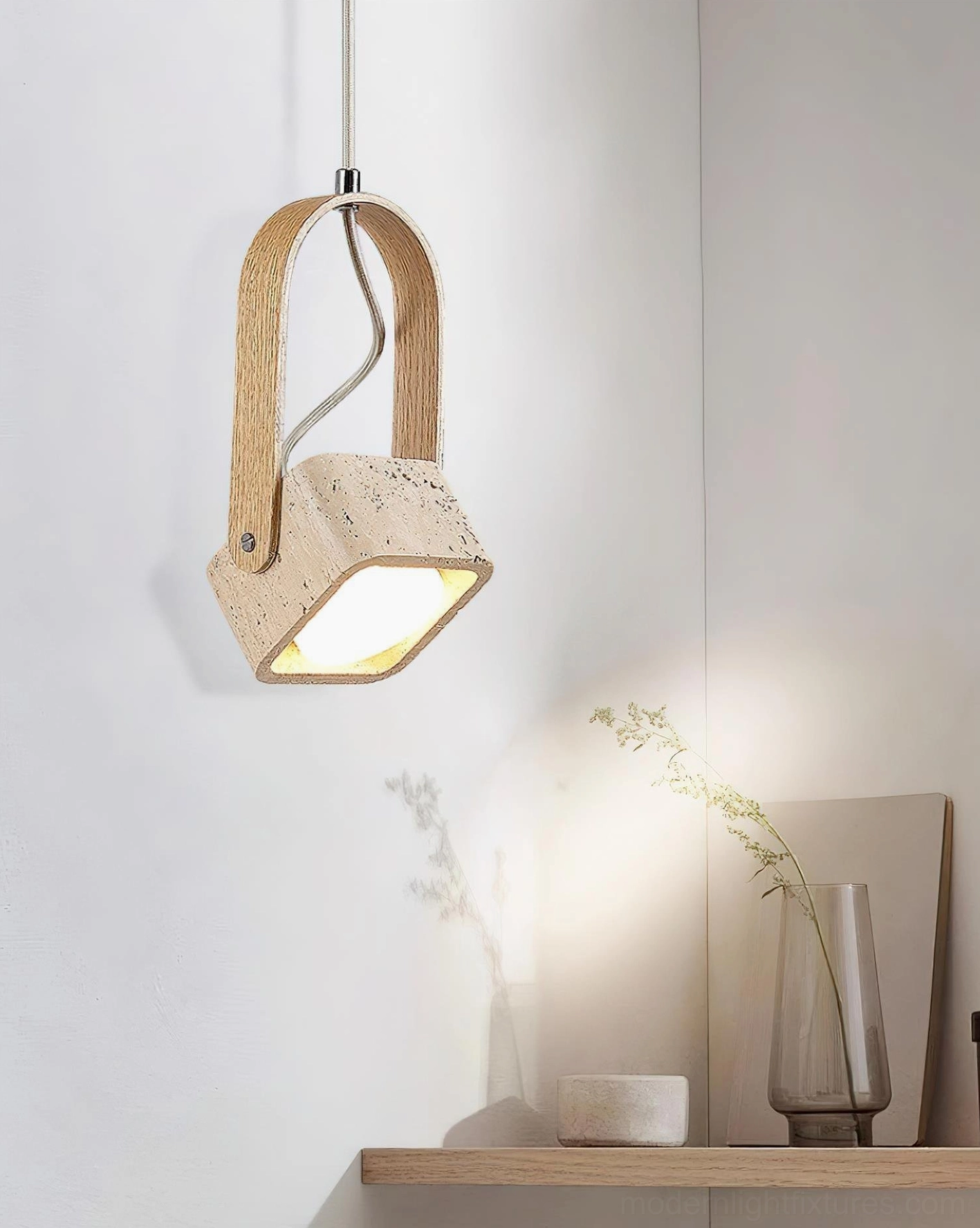 Lit travertine wood pendant lamp cozy minimalist home shelf corner ambient lighting
