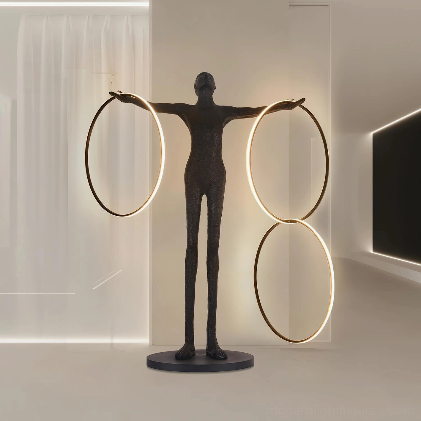 Liva Sculpture Floor Lamp all three rings illuminated in contemporary living room with TV wall