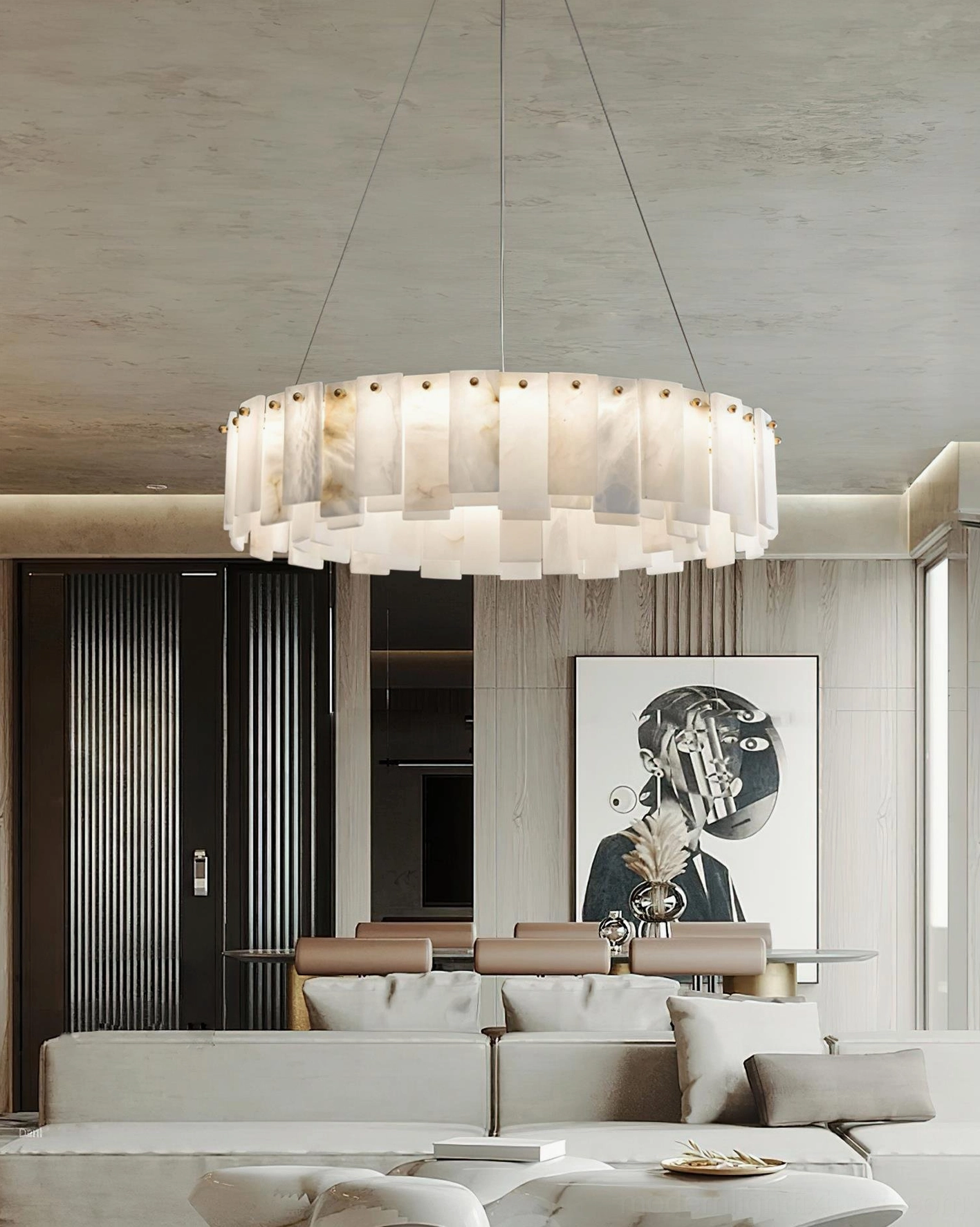 Single-ring alabaster chandelier hanging in contemporary living room with high-end interior design, architectural stone light fixture creating elegant focal point