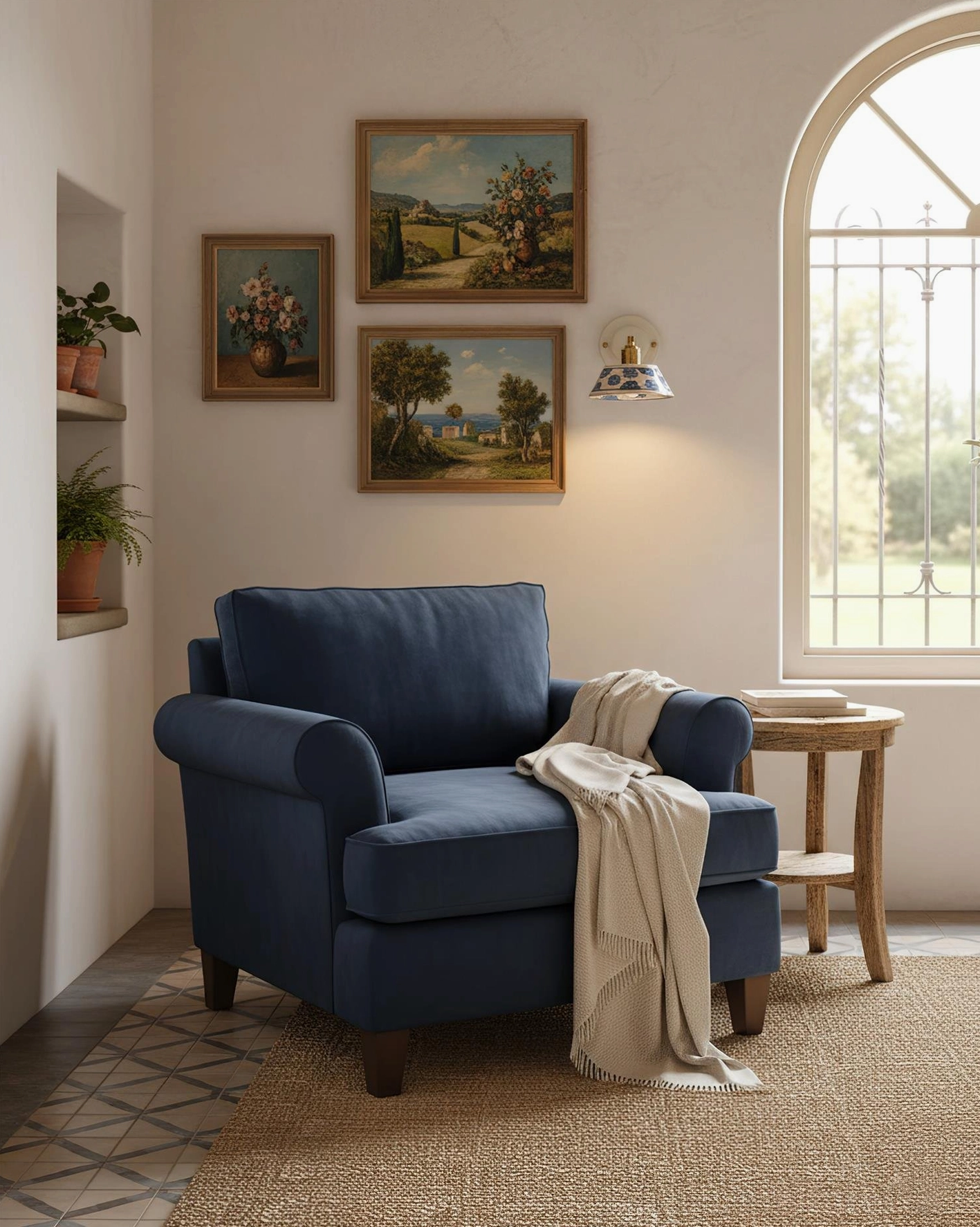 Artisan ceramic wall sconce in cozy living room corner with navy armchair and gallery wall