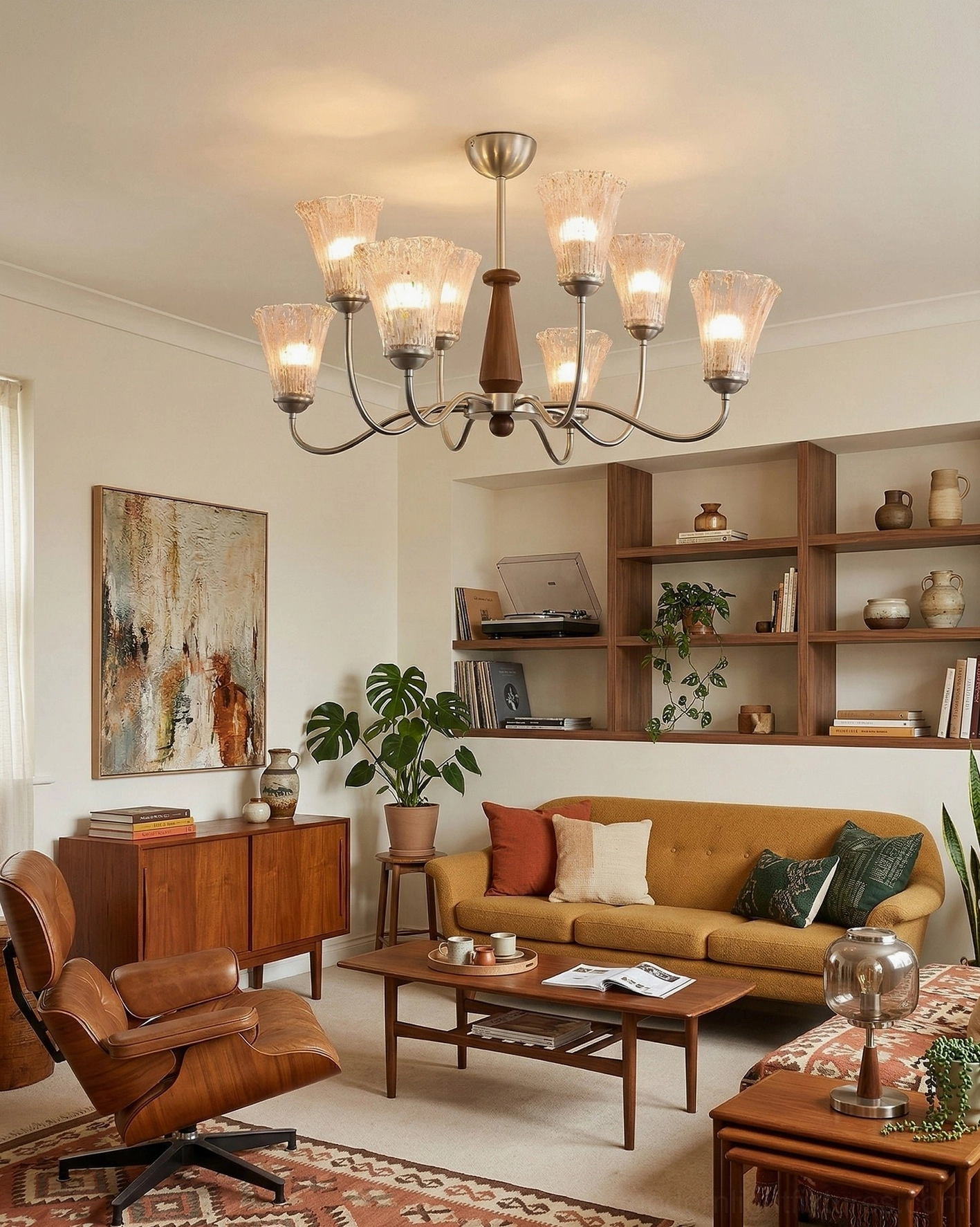Mid-Century Modern Chandelier in Living Room with Yellow Sofa - Cohesive Warm Home Décor