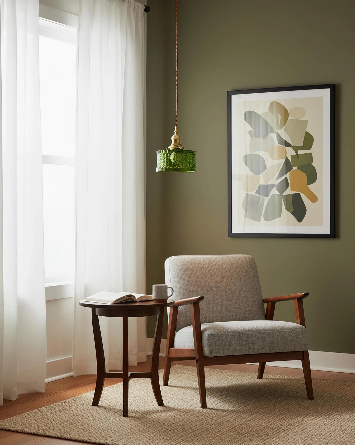 Vintage green pendant light in mid-century modern sitting area beside accent armchair - living room