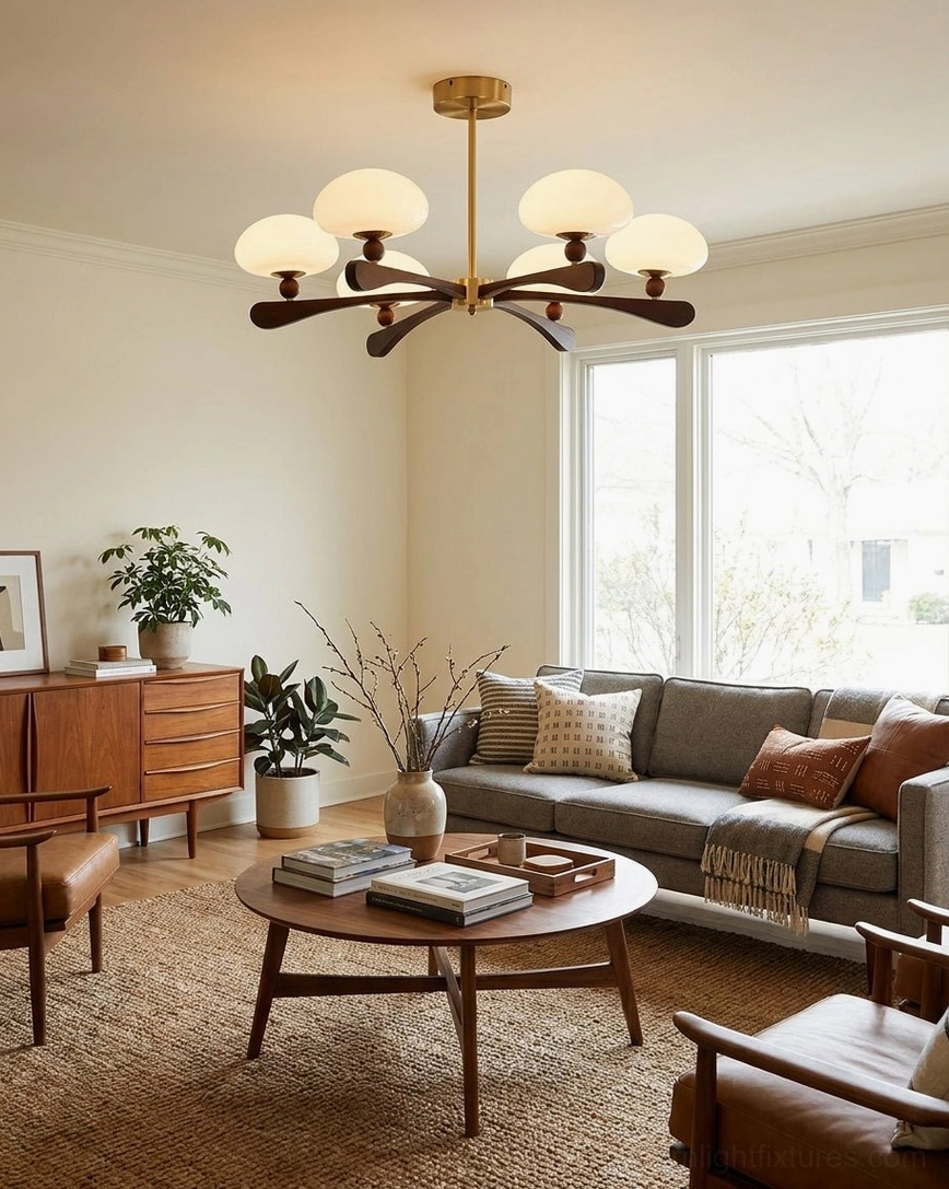 8-light sputnik-style chandelier with dark wood arms in cozy living room with gray sofa, warm modern interior decor