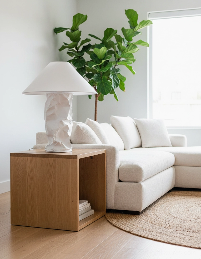 Contemporary living room with crinkled paper table lamp beside fiddle leaf fig plant